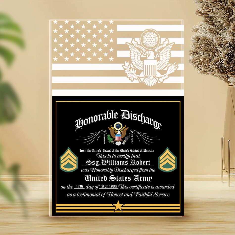 Honorable Discharge Personalized Acrylic Block Plaque Veteran Custom All Military Branches Acrylic Plaque, Gift For Veterans H2511 Trna