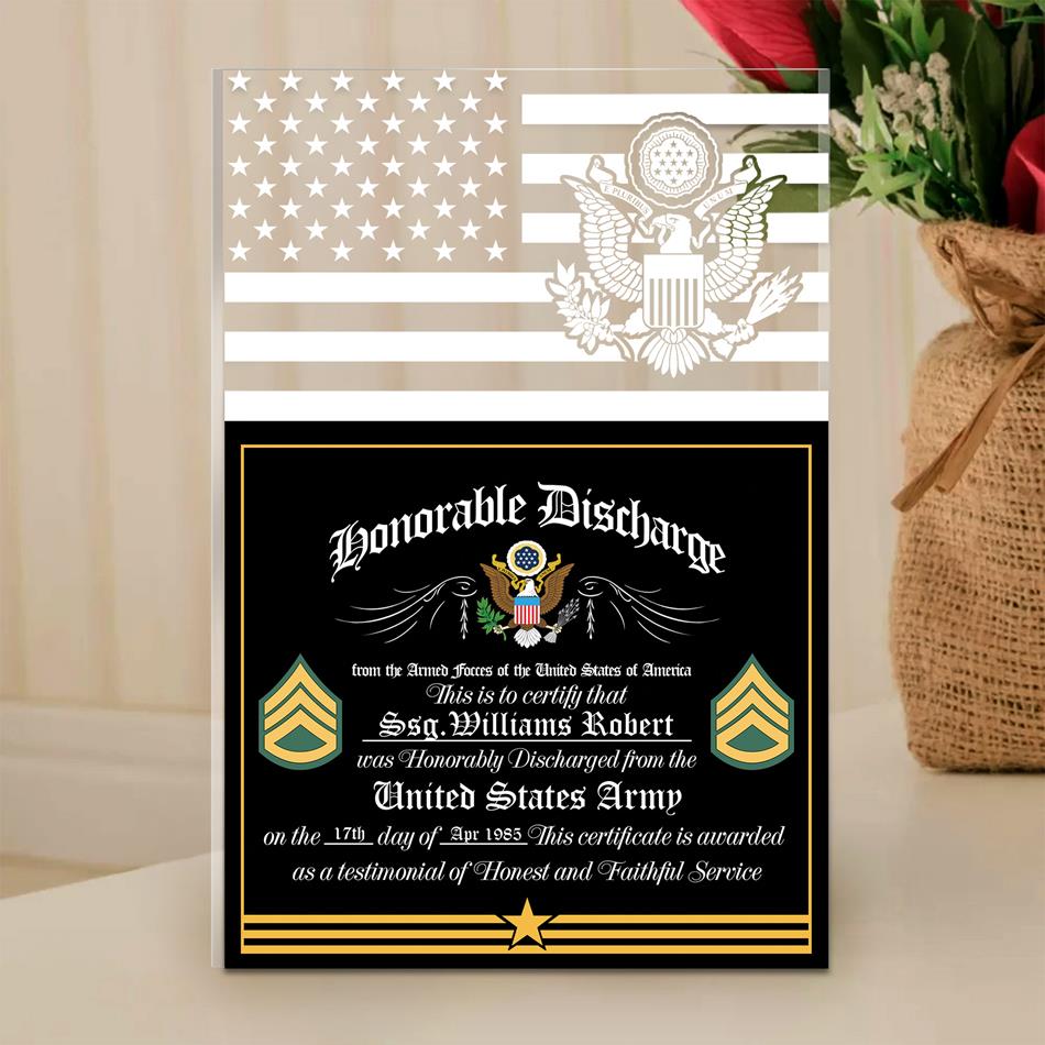 Honorable Discharge Personalized Acrylic Block Plaque Veteran Custom All Military Branches Acrylic Plaque, Gift For Veterans H2511 Trna