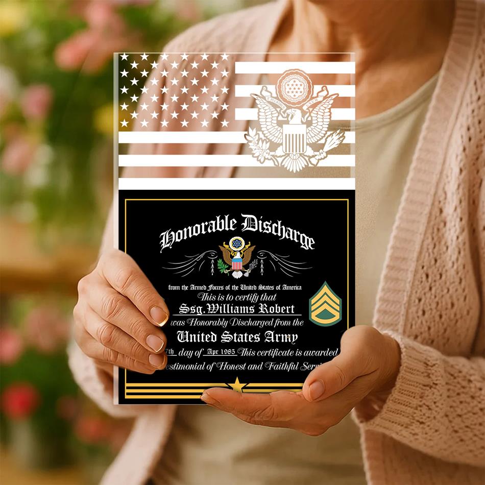 Honorable Discharge Personalized Acrylic Block Plaque Veteran Custom All Military Branches Acrylic Plaque, Gift For Veterans H2511 Trna