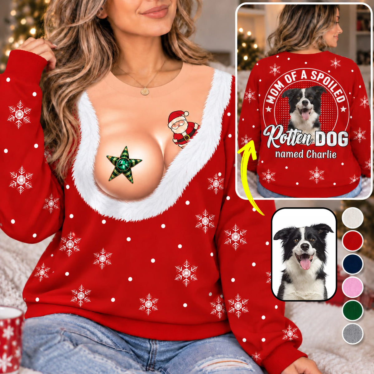 Personalized Funny Christmas All Over Print Shirts, Mom Of A Spoiled Rotten Dog, Custom Photo Dog Gift For Dog Lovers T1807 VH01