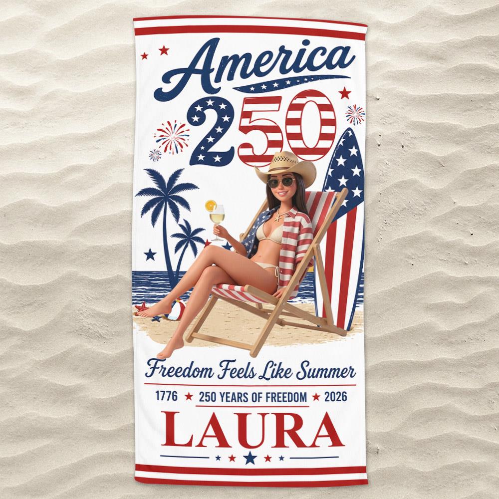 Custom Photo America 250 Beach Towel – Personalized Patriotic Summer Vacation Gift for Family | Born Free, Beach Bound | 250th Anniversary 1776–2026 Na02 Nh00