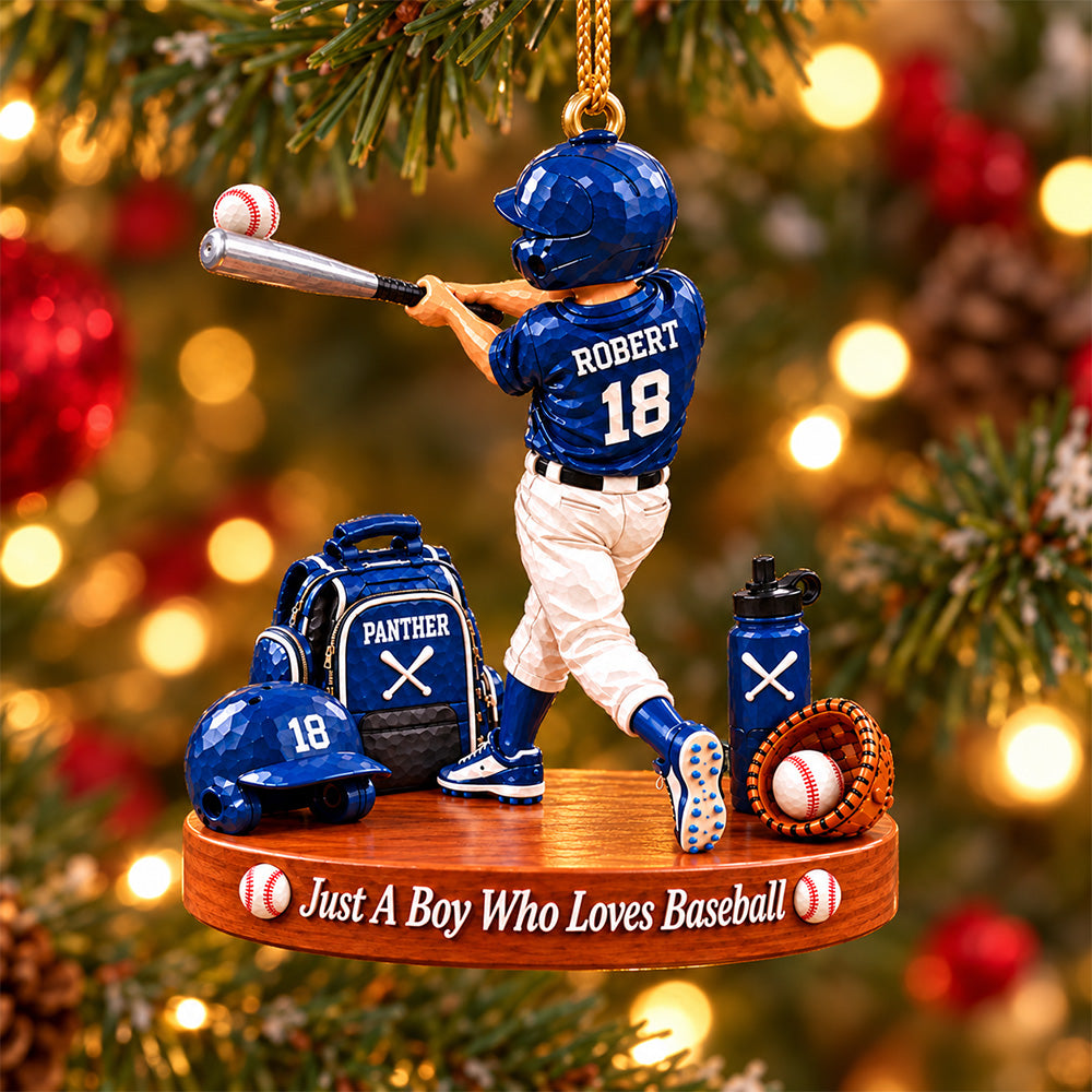 Just A Boy Who Loves Baseball, Personalized Baseball Ornament, Custom Boy Baseball Gift, Custom Player Name Ornament Na02 T24 NT01