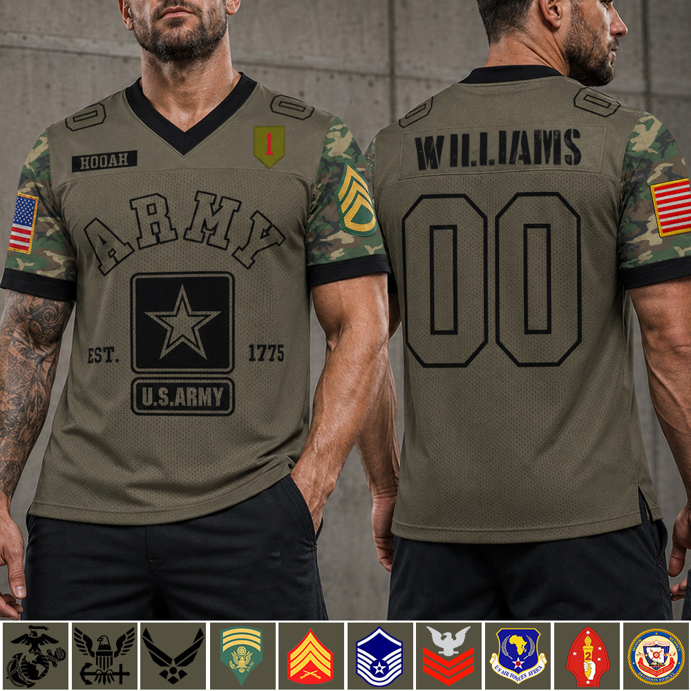 US Military Football Jersey Authentic Camo Custom All Branches Rank Division Name For Military Retirement Veteran Dad Grandpa H2511 Trna