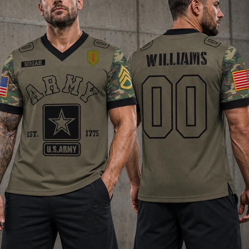 US Military Football Jersey Authentic Camo Custom All Branches Rank Division Name For Military Retirement Veteran Dad Grandpa H2511 Trna
