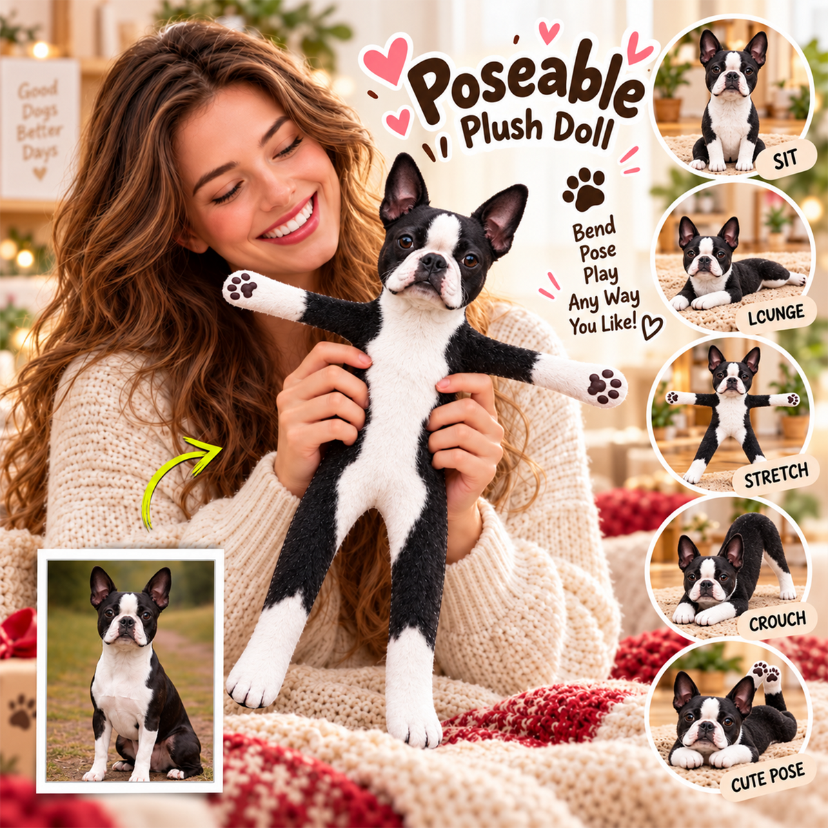 Personalized Boston Terrier Photo Pet Squishy Toy Poseable Plush Doll, Funny Gift For Dog Mom, Dad, Pet Lover T1807 T24 TL06