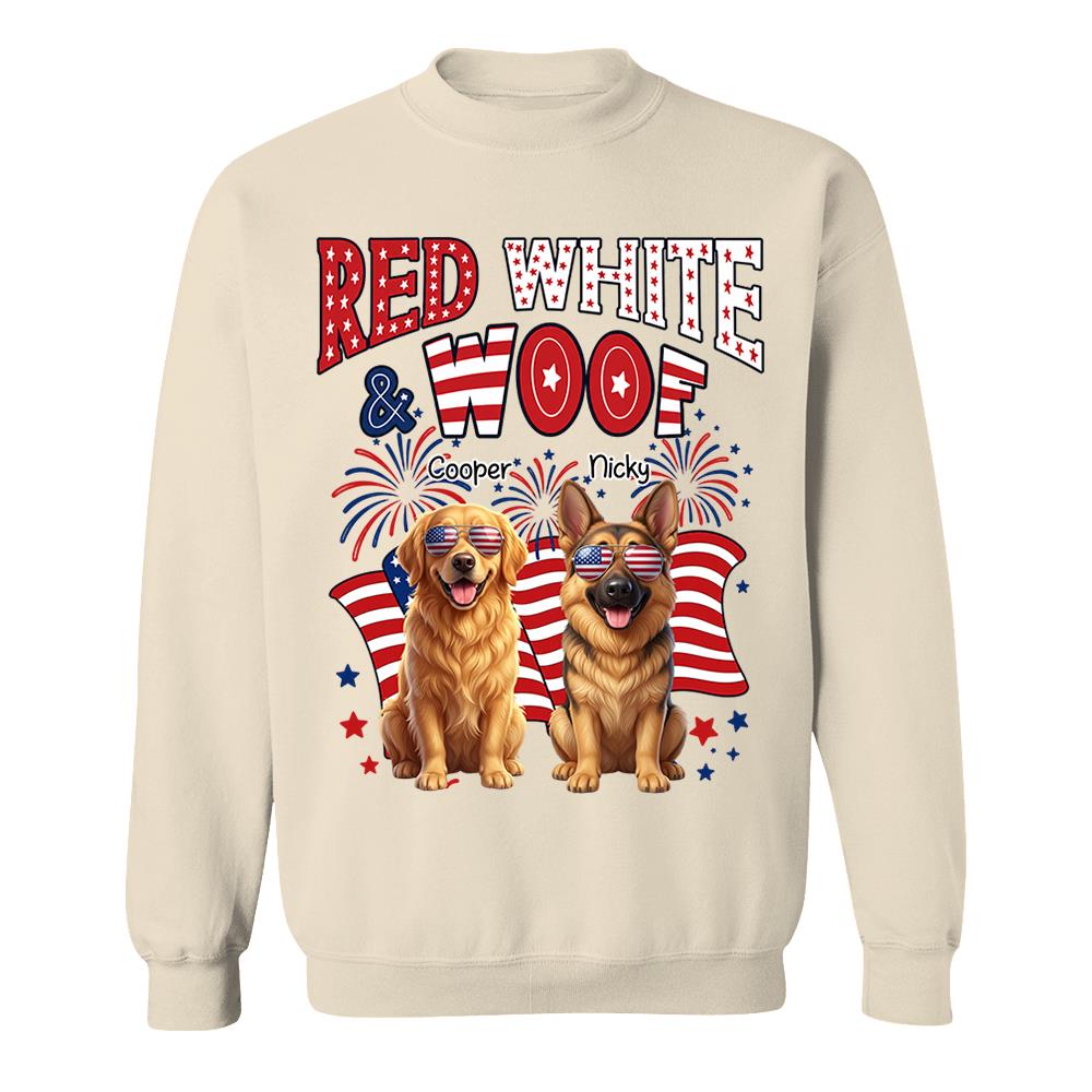 Red White Woof Personalized Shirt Patriotic American Flag Fireworks For Independence Day USA Custom Photo Dog Gift For Pet Lovers T1807 Nh00