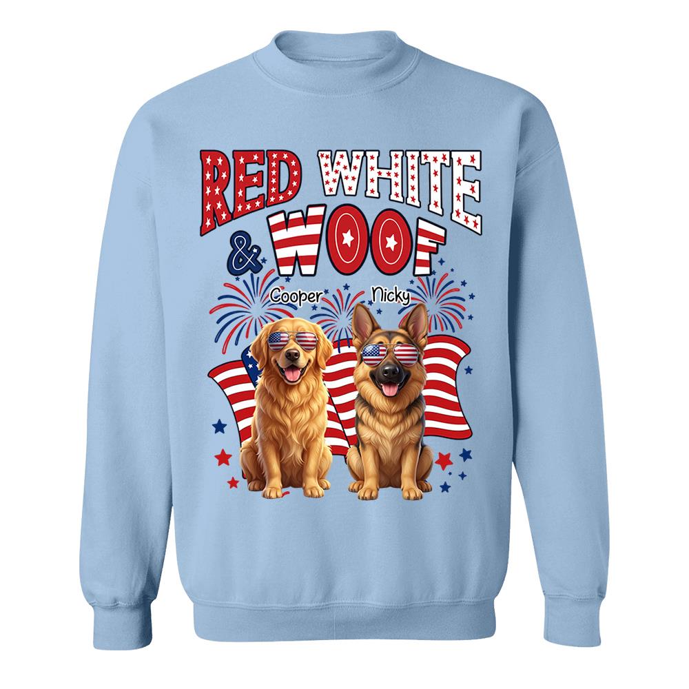 Red White Woof Personalized Shirt Patriotic American Flag Fireworks For Independence Day USA Custom Photo Dog Gift For Pet Lovers T1807 Nh00