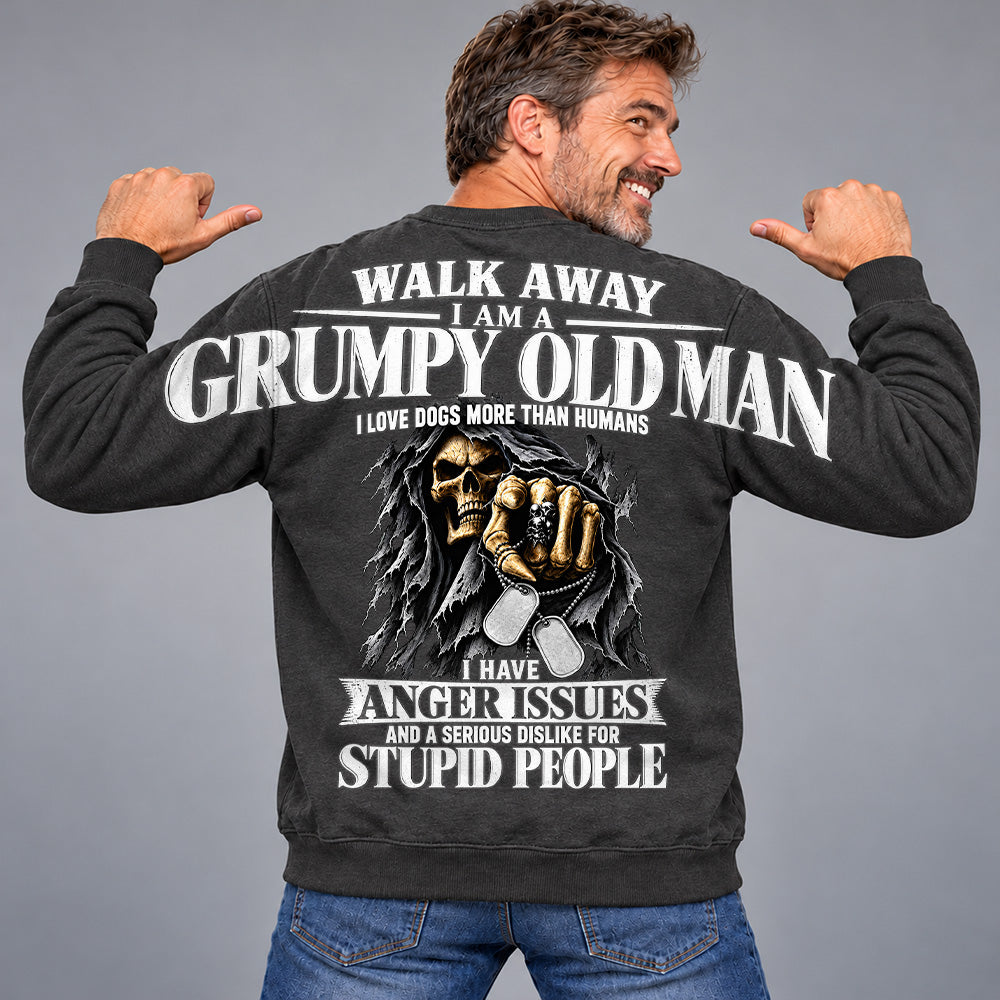 Walk Away I Am A Grumpy Old Man I Love Dogs More Than Humans I Have Anger Issues Skeleton Oversized Shoulder Print Shirts T24