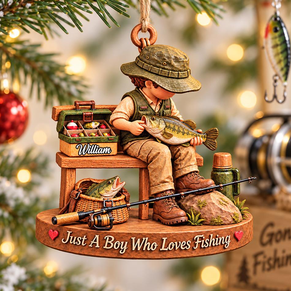 Personalized Just A Boy Who Loves Fishing Custom Name Christmas Ornament Gift for Son Dad Fishing H2511 Trna