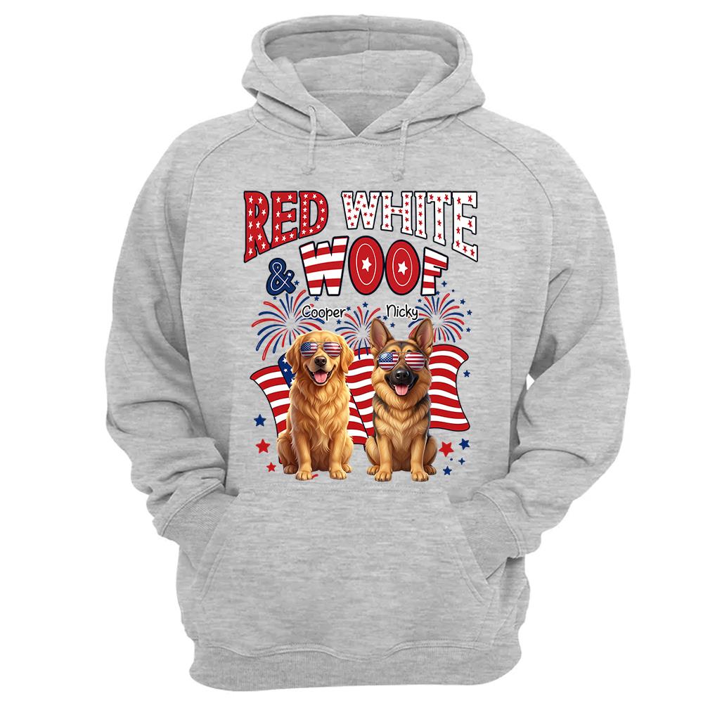 Red White Woof Personalized Shirt Patriotic American Flag Fireworks For Independence Day USA Custom Photo Dog Gift For Pet Lovers T1807 Nh00