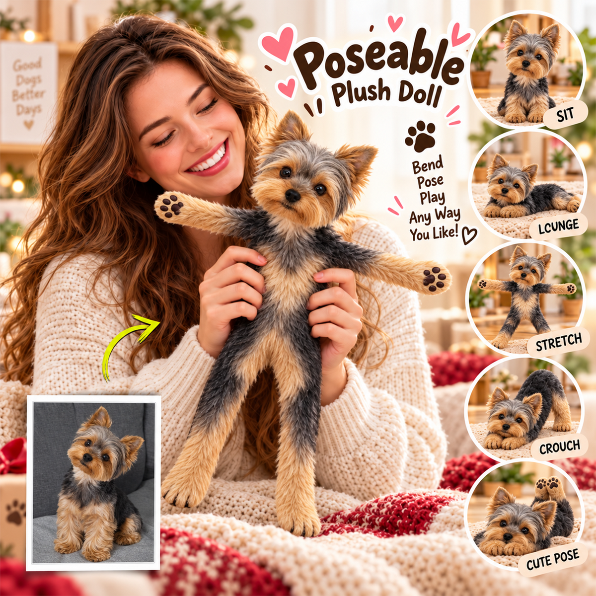 Personalized Yorkshire Terrier Photo Pet Squishy Toy Poseable Plush Doll, Funny Gift For Dog Mom, Dad, Pet Lover T1807 T24 TL06