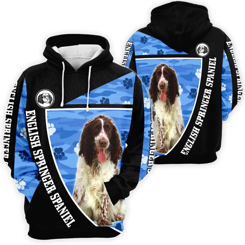 English Springer Spaniel 3D All Over Print, English Springer Spaniel Paw Print Camouflage 3D T-shirt Sweatshirt Hoodie Zip Hoodie