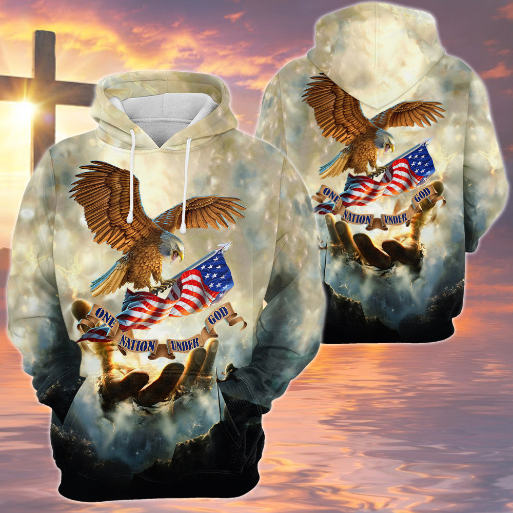 One Nation Under God Eagle American Flag Hand Of God All Over Print Shirt HK10