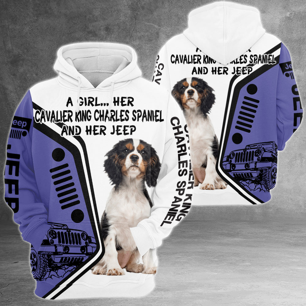 A Girl Her Cavalier King Charles Spaniel And Her Jeep All Over Print Shirt, Personalized Gifts for Dog Lovers, TRNA