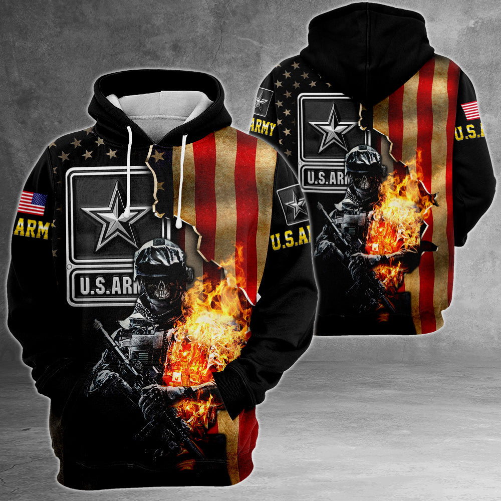 U.S Army Skull Soldier With American Flag All Over Print Shirt For Army Soldier Veteran HK10