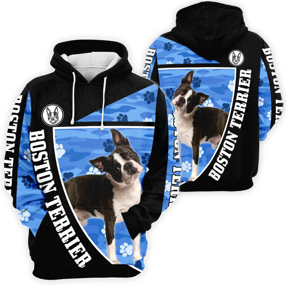 Boston Terrier 3D All Over Print, Boston Terrier Paw Print Camouflage 3D T-shirt Sweatshirt Hoodie Zip Hoodie