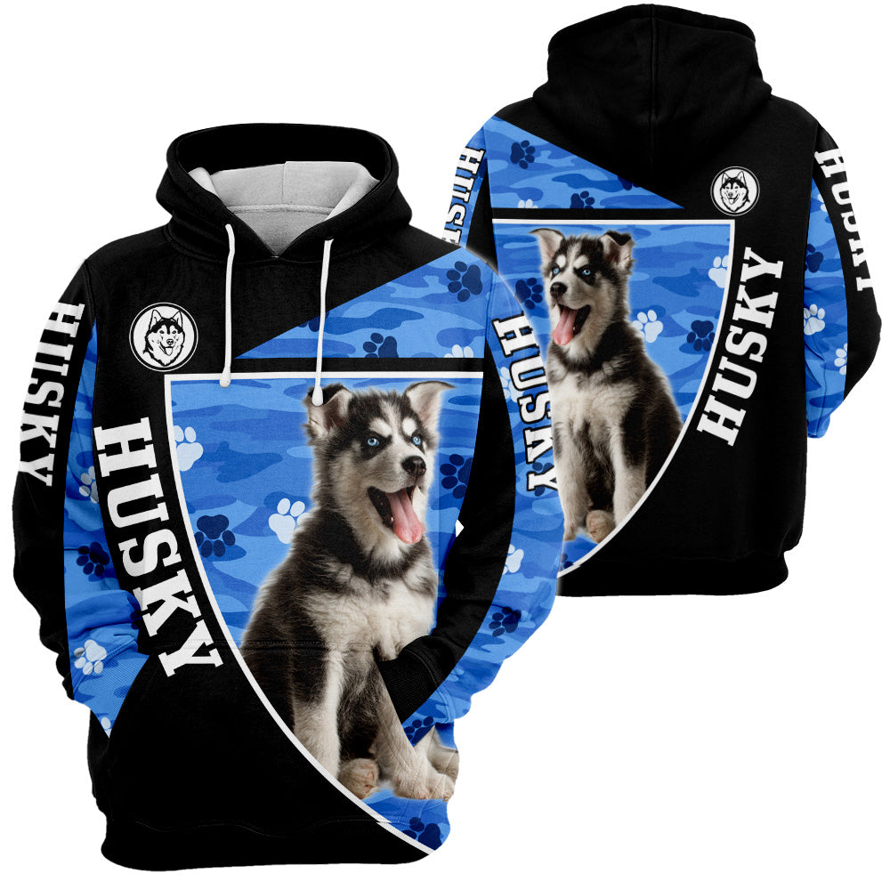 Husky Camo 3D All Over Print, Husky Camo Paw Print Camouflage 3D T-shirt Sweatshirt Hoodie Zip Hoodie