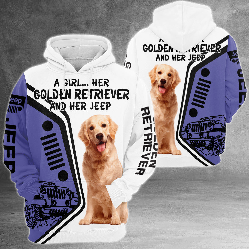 A Girl Her Golden Retriever And Her Jeep All Over Print Shirt, Personalized Gifts for Dog Lovers, TRNA