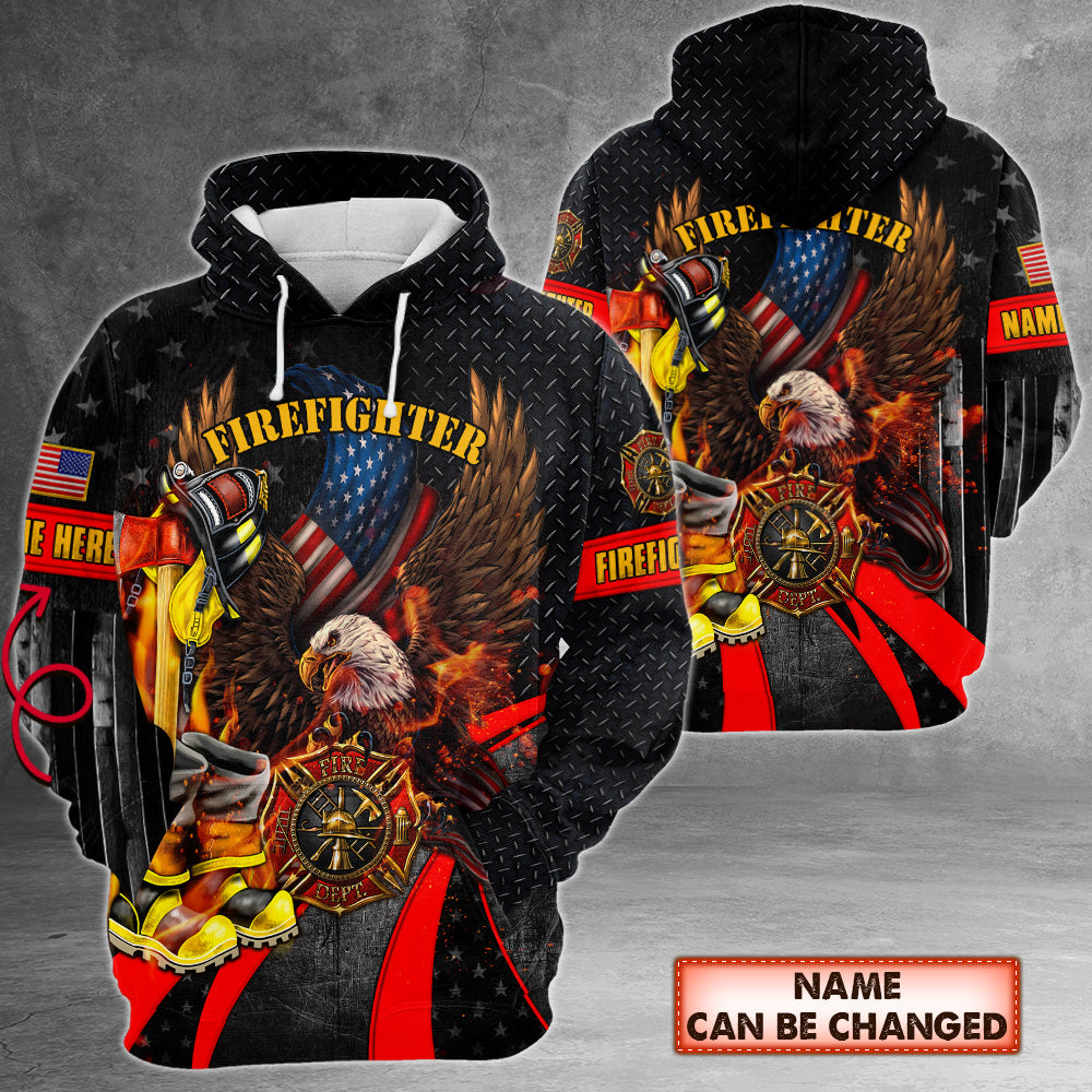 Personalized Name Firefighter Boots A Helmet Axe Bald Eagle American Flag 3D All Over Print Shirt For Firefighter HK10