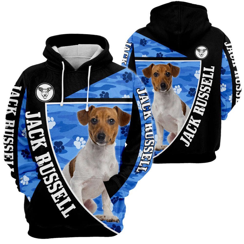 Jack Russell Camo 3D All Over Print, Jack Russell Camo Paw Print Camouflage 3D T-shirt Sweatshirt Hoodie Zip Hoodie