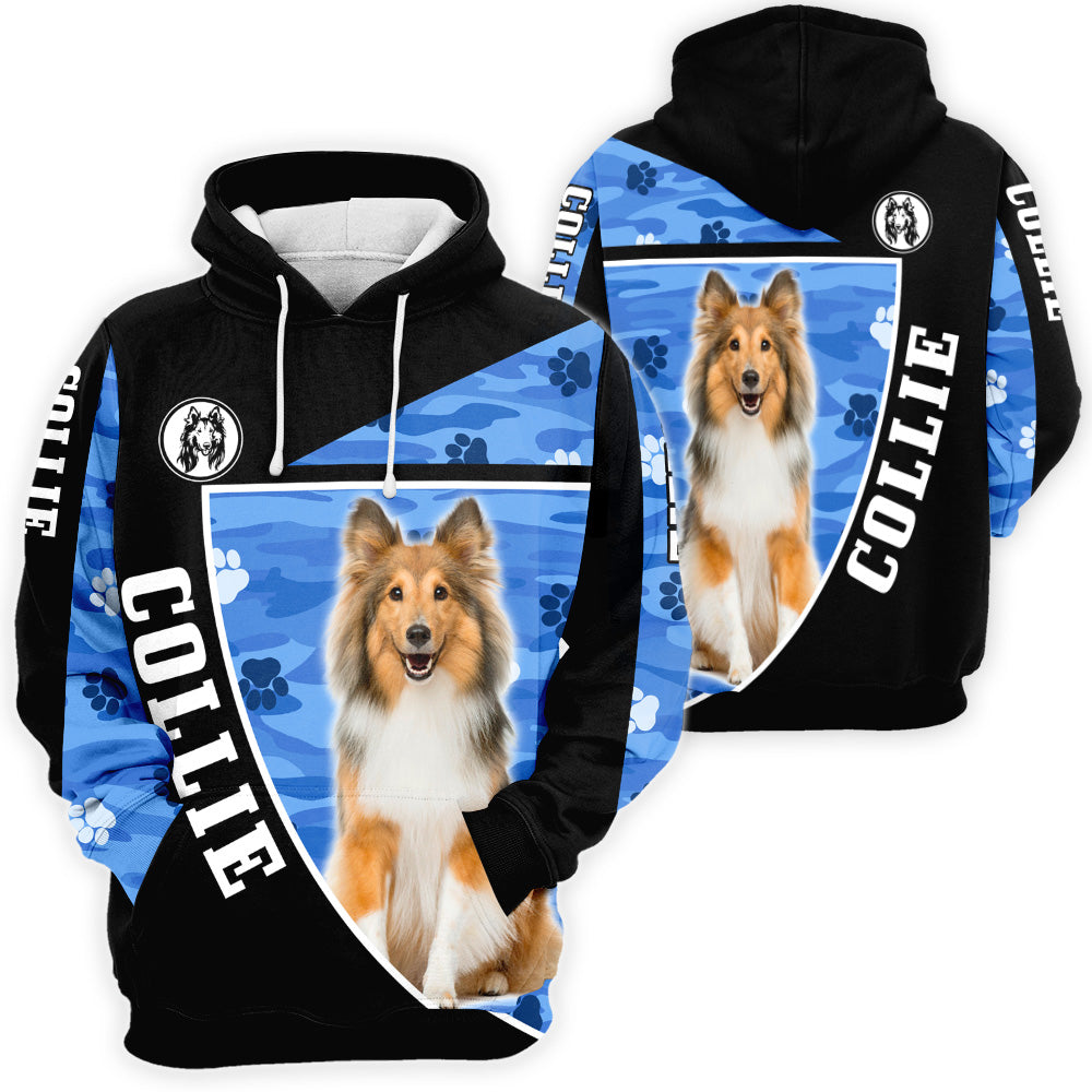 Collie 3D All Over Print, Collie Paw Print Camouflage 3D T-shirt Sweatshirt Hoodie Zip Hoodie